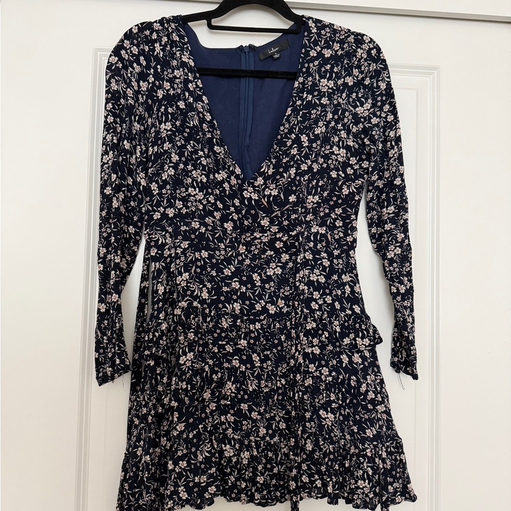 Lulu's Navy Floral Long-Sleeve Wrap Dress